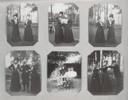Family album. 
about 1895.
In the family home the young lady of the house stages diverse charming and naive scenes. Because of the lack of light, most images were taken outside. They also made playful use of photographic “accidents”. 
All the images were carefully glued into family albums. 
Modern duplicate made from a page in the album.
Anonyme © Haa