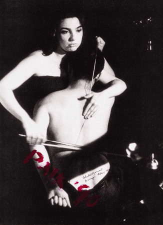 Charlotte Moorman, Nam June Paik.
Human Cello. John Cage’s 26’1.1499’’. For a String Player. 
1965. 
B/W photo by P. Moore edited by Pari Editori & Dispari, Cavriago, Italy, 1984.
Numbered 1/3 and signed by the artists 
Archivio Bonotto, Molvena, Italy