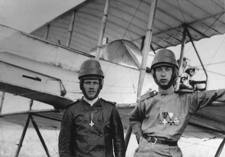 Unknown author.
Awarded bu Georgievsky crosses the pilot of 3-rd field party F.F. Kochin (on the right) and his mechanic. Moscow. 
1915. 
Collection of the Russian state archive of film-photo-documents, Krasnogorsk