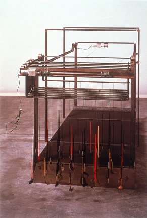 Rosemarie Trockel. Untitled (Painting machine).
1990.
Machine: iron, particle board, felt, brush, etc.
Catalogue: Page 6
© VG Bild-Kunst
Photographer: Bernhard Schaub