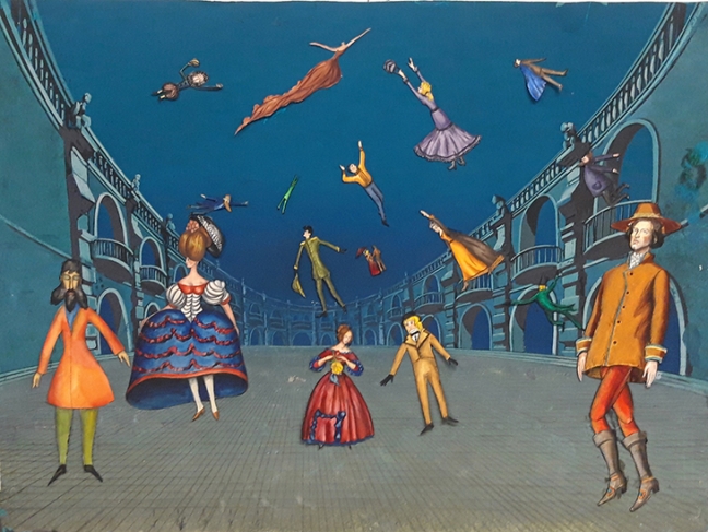 Still image from the film “Glass Harmonica”. 
Director: Andrei Khrzhanovsky. 
Production designers: Ulo Sooster, Yury Nolev-Sobolev.
Film studio “Soyuzmultfilm”, 1968.
Paper, water-color, gouache, application.

Collection of The State Central Film Museum (Moscow).