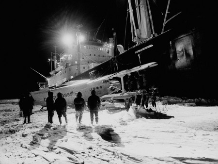 Gennadi Koposov.
Antarctica. Polar explorers unship equipments from diesel motor ship “Ob”. 
1967
