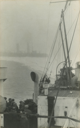 Vladislav Mikosha.
Expedition to rescue the Cheluskin crew. 
1934. 
Smolensk steamer meets Krasin icebreaker at Providence Bay.
Moscow House of Photography museum