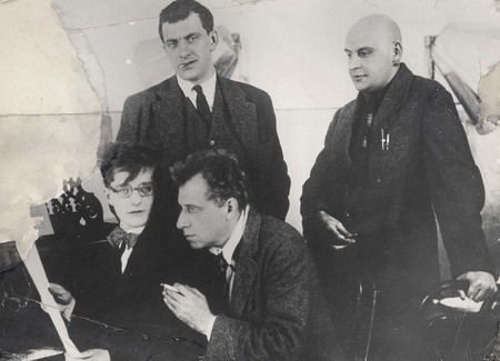 Unknown author.
Dmitry Shostakovich, Vsevolod Meyerkhold, Vladimir Mayakovsky and Alexander Rodchenko during work above performance “The bug”. 
1929. 
The Russian state archive literature and art