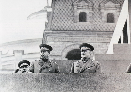 Evgeni Khaldey. Zhukov and Stalin  on podium of the Mausoleum. 1945