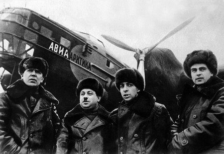 Vladislav Mikosha.
They have to stay at drifting station NP-1. 
March 21, 1937. 
Ernst Krenkel, Ivan Papanin, Evgeny Fedorov, Petr Shirshov at the Central Aerodrome in Moscow before the flight. 
Russian State Museum of Arctic and Antarctica