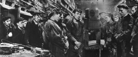 Dmitry Baltermants.
The workers of the factory “Dinamo” are listening to the message about the death of Iosif Stalin. 
March, 1953