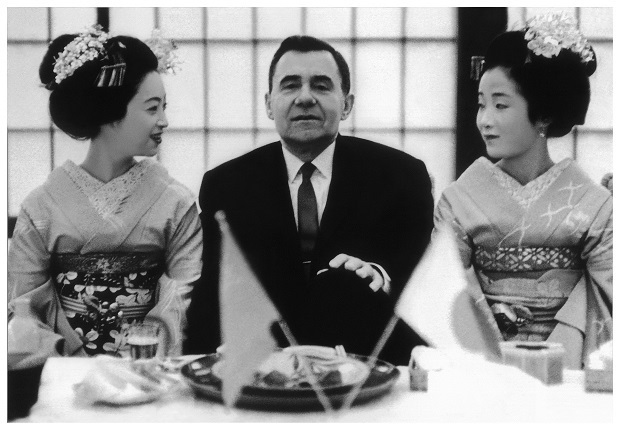 USSR Foreign Minister Andrei Gromyko with geishas at the first visit to Japan at the invitation of the government, 1962