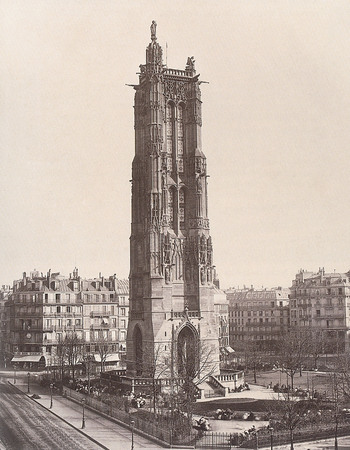 Alexandre Ferrier.
Saint-Jacques Tower, Paris. 
about 1864.
Located in the centre of Paris, the Saint-Jacques Tower is all that remains of a church destroyed during the Revolution. After prefect Haussmann’s urban reconstruction it graced a new street, the future rue de Rivoli. 
The albumen print is made from a thin sheet of paper covered with salted albumen (egg white) then sensitised with silver nitrate for a glossy satinesque appearance. Invented in 1850 and highly popular in the 1860s, the procedure was used until the early 20th century.
Albumen print
FERRIER Alexandre © Collection Gabriel Auboin, Paris