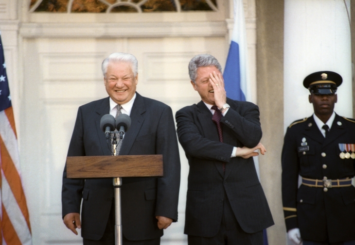 The USA. US president Bill Clinton and the President of the Russian Federation Boris Yeltsin during press conference. 
1995. 
ITAR-TASS photo