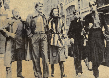 WWD Newspaper. 
1974. 
Diane with Yves St. Laurent, Pierre Berge, Bianca Jagger and Marina Schiano. 
Courtesy Diane von Furstenberg Studio
