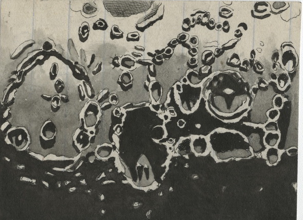 А.П. Ганский.
Зарисовка наблюдений лунных кратеров и гор.
1892.
Бумага, карандаш, тушь, акварель.
АРАН, ф.543, оп.11, д. 4, л. 3
