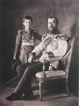 Atelier «Boasson and Eggler». Portrait of Tsar Nicholas II, Emperor of All the Russias and His Heir.  1913. St. Petersburg