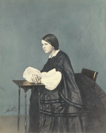 A. Nechayev.
Portrait of girl. 1860s.
Salted paper, covered by albumen, painting.
Collection of Moscow House of Photography Museum. 
© Multimedia Art Museum, Moscow/ Moscow House of Photography Museum