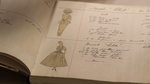 In the archives, the “book of collection” from the 1947 New Look collection describes how the garments were made. Credit: CIM Productions
