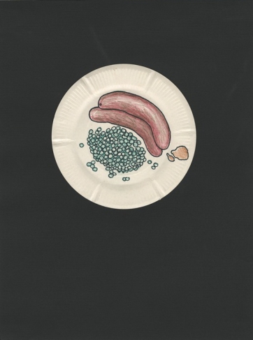 Андрей Бильжо.
Сосиски с зелёным горошком.
Из серии «Еда».
2005.
Одноразовая тарелка, цветные карандаши