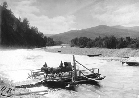 Unknown author.
Ferry Through the River Ulbu Between Villages Cheremshanka and Tarklhanka. Vicinities of Ust-Kamenogorsk Town