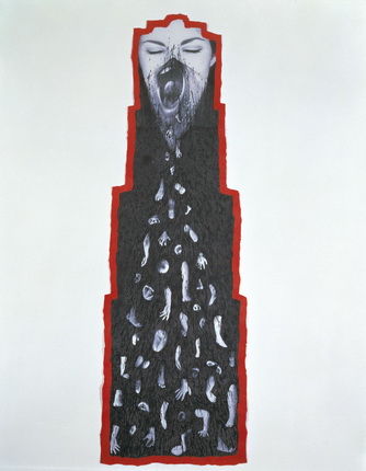 Аннет Мессаже.
Смонтированный экспонат №2, 1986.
Акриловая и масляная краски, черно-белые фотографии.
Коллекция Филиппа Коэна