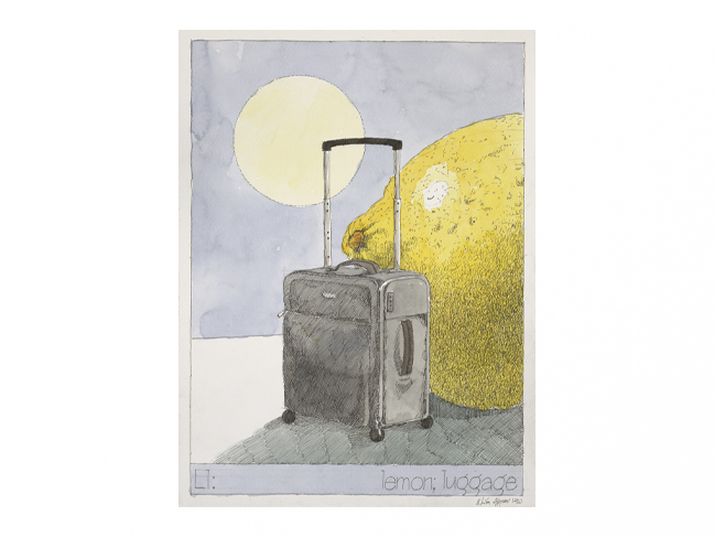 Никита Алексеев.
Ll: lemon; luggage (Лимон, чемодан).
Из серии «Твоя первая книга (от „абрикоса“ до „цукини“ и обратно)».
2020.
Бумага, рапидограф, акварель