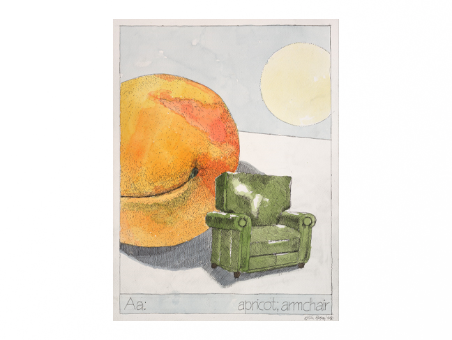 Никита Алексеев.
Aa: apricot; armchair (Абрикос, кресло).
Из серии «Твоя первая книга (от „абрикоса“ до „цукини“ и обратно)».
2020.
Бумага, рапидограф, акварель