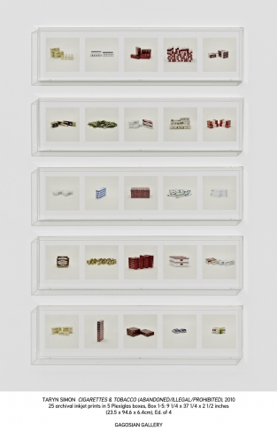 Taryn Simon.
Cigarettes & Tobacco (abandoned / illegal / prohibited). 2010.
25 archival inkjet prints in 5 Plexiglas boxes.
Each box: 9 ¼ x 37 ¼ x 2 ½ in.
Each image: 6 ¼ inches squared.
© Taryn Simon. Courtesy Gagosian Gallery